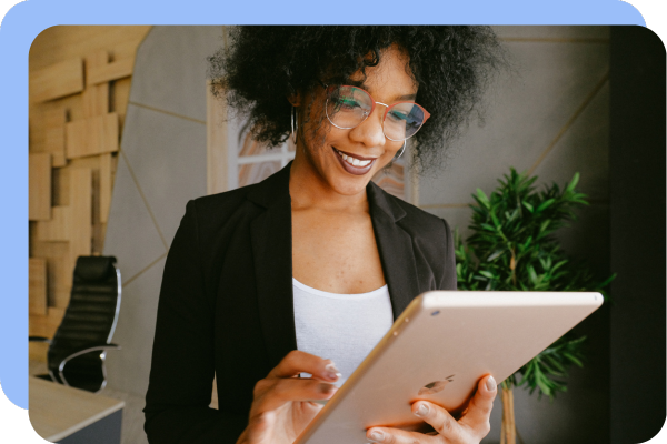 woman smiling at ipad - blue overlay